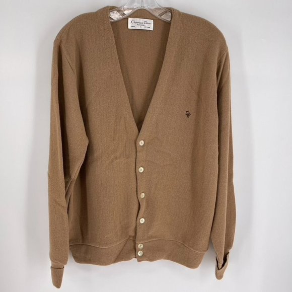 Vintage Christian Dior Mens Monsieur Size L Tan Button Front Cardigan Sweater - Picture 1 of 5